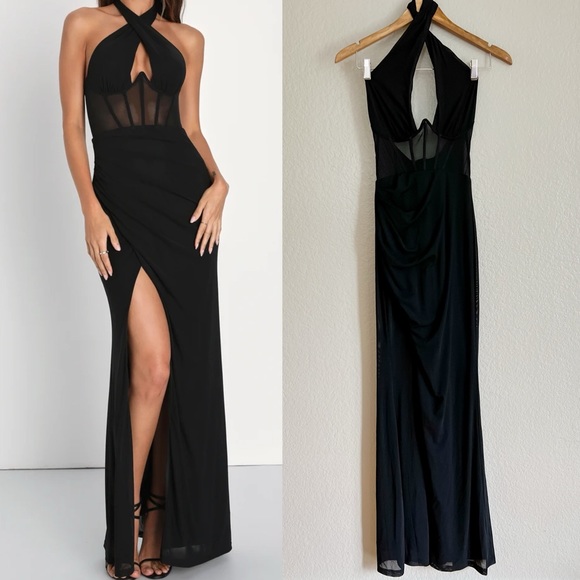 Lulus Dresses & Skirts - Never-Ending Glamour Black Mesh Cross-Front Halter Maxi Dress